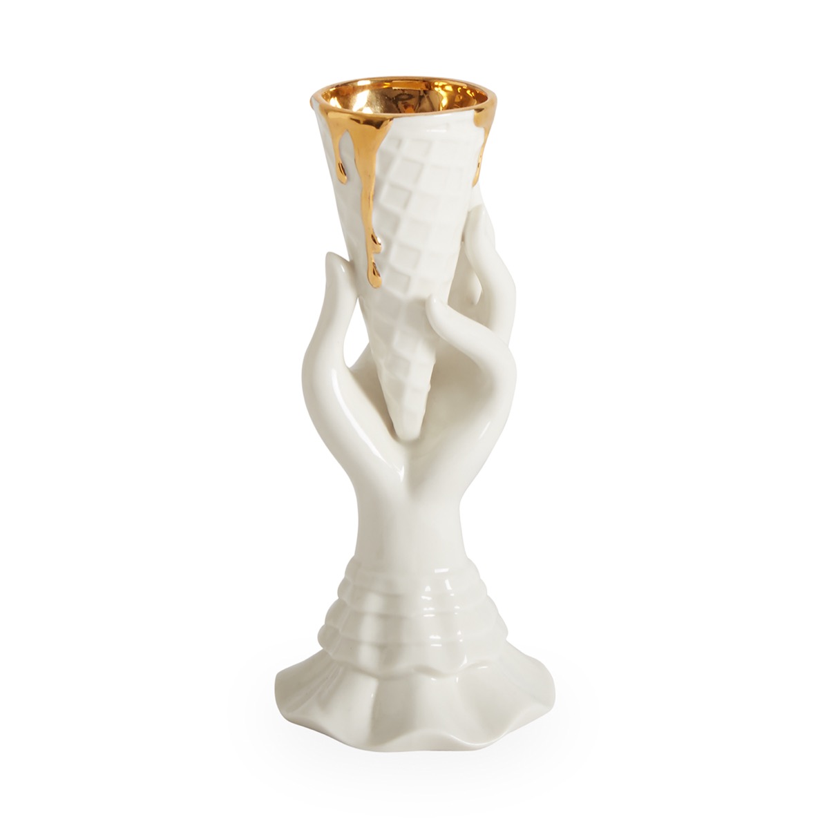 white ceramic hand holding white ice cream cone with gold interior, hanukkah gifts