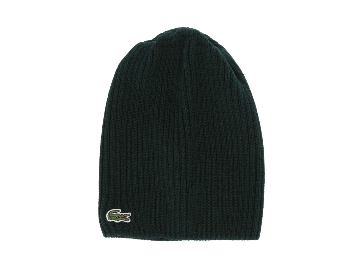 black beanie with green lacoste alligator on the left edge