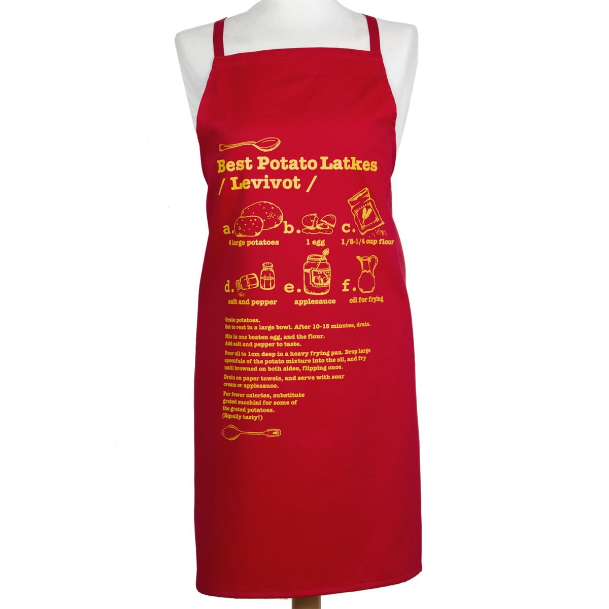 red apron with potato latke recipe on it, hanukkah gifts