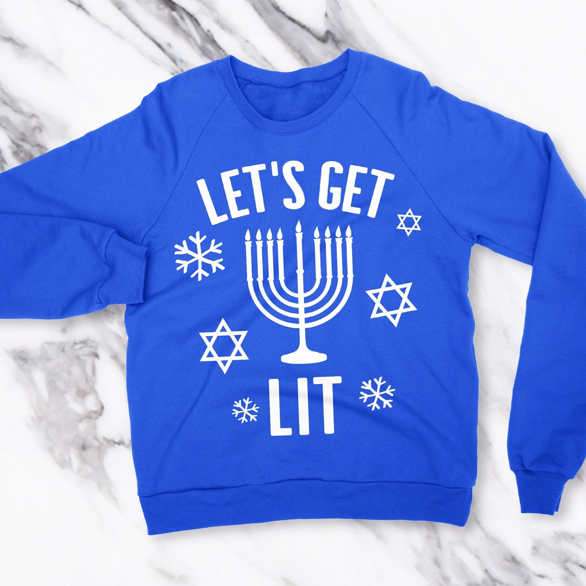 blue sweatshirt with "let's get lit" on it, hanukkah gifts