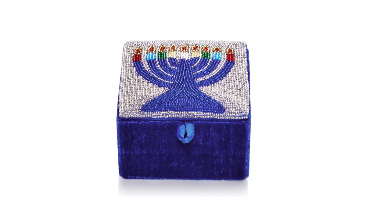 blue velvet jewelry box with beaded menorah on top, hanukkah gifts
