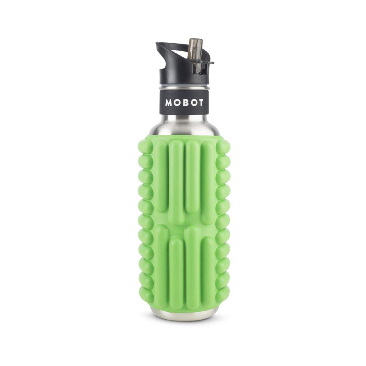 green water bottle with foam exterior and black top