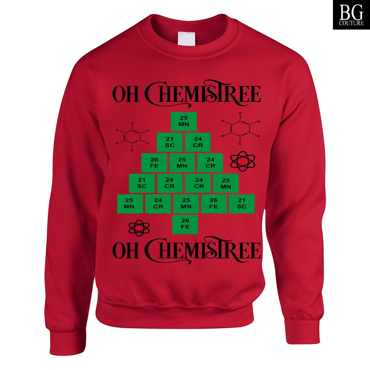 red sweater with periodic table and "on chemistree" on it