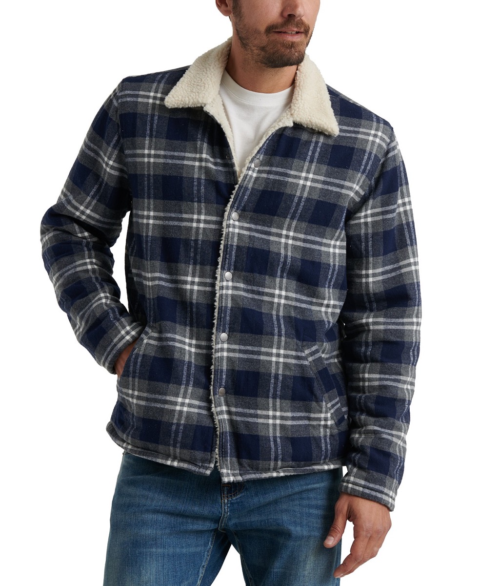 man wearing plaid shirt with fleece collar