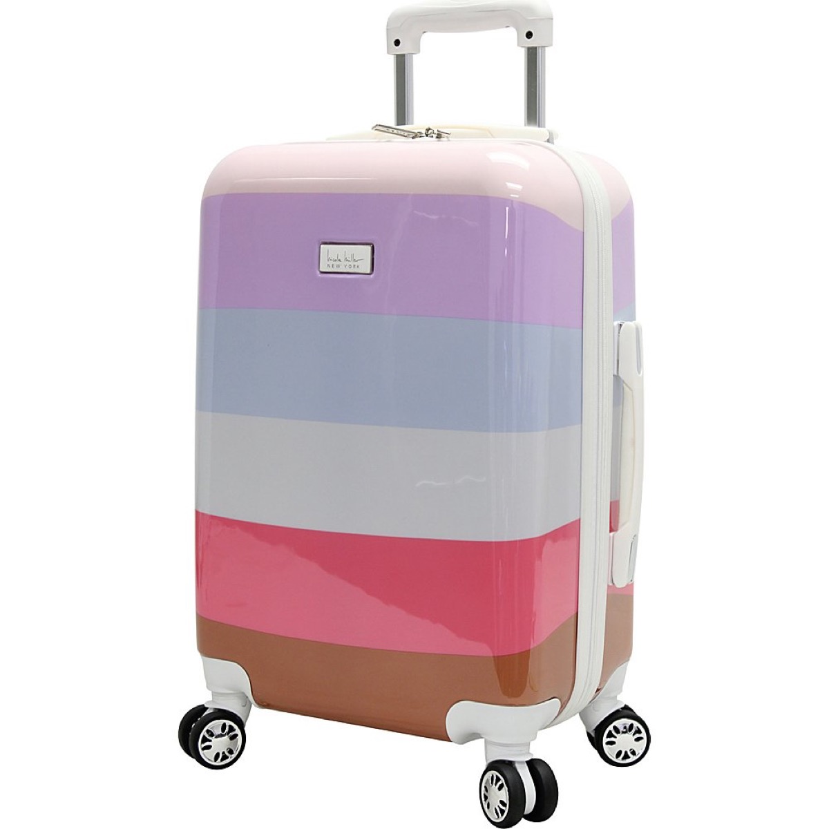 striped pink and purple hardsided suitcase