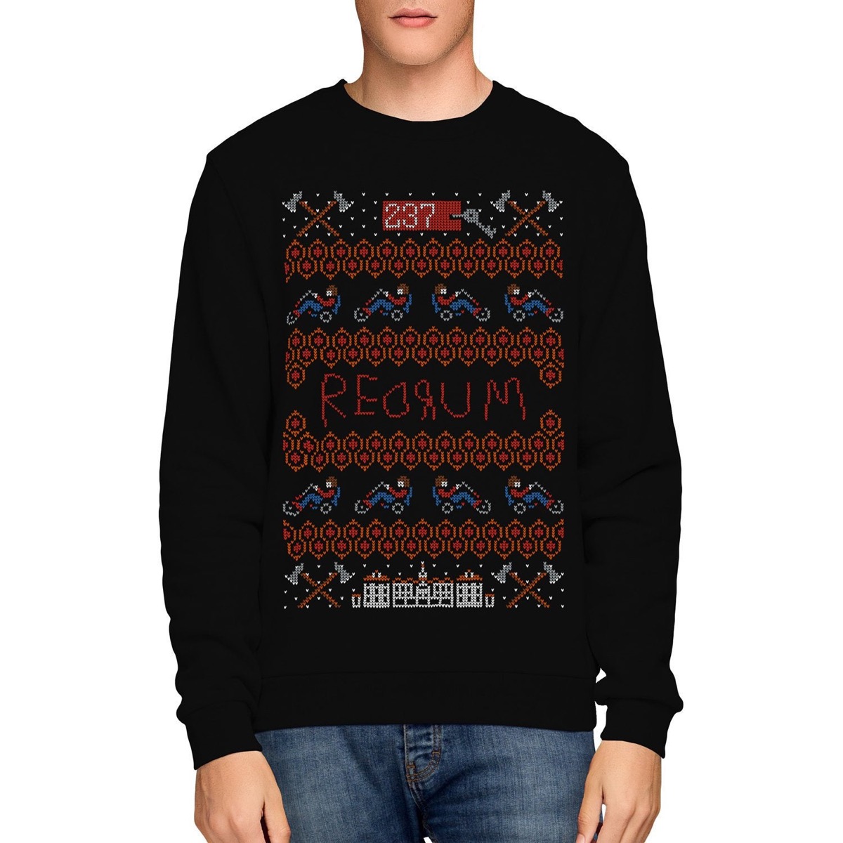 black christmas sweater with "redrum" in the center