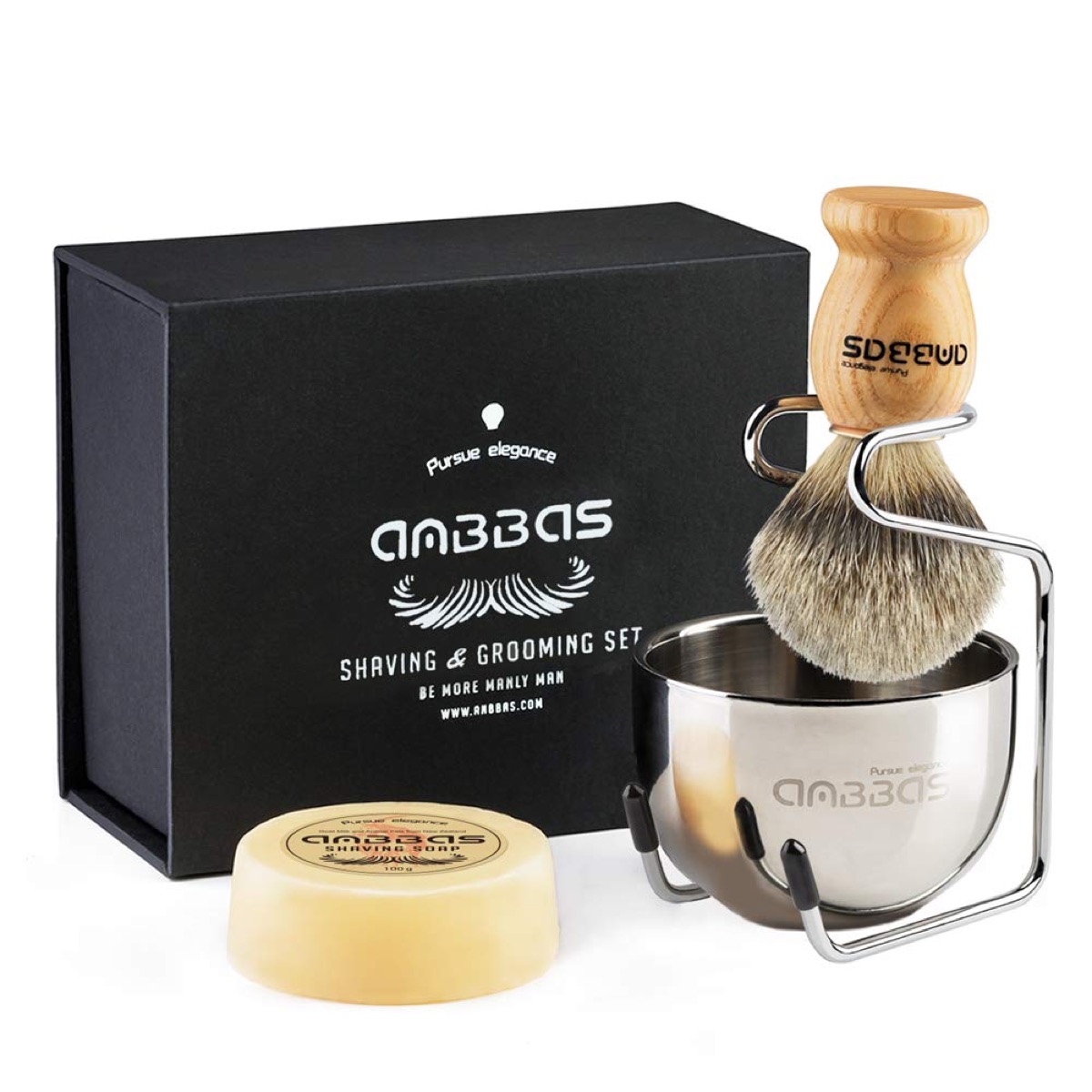 shaving kit with brush and metal bowl and shaving soap