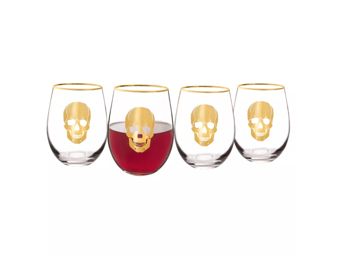stemless wine glasses with gold skulls, target halloween decor