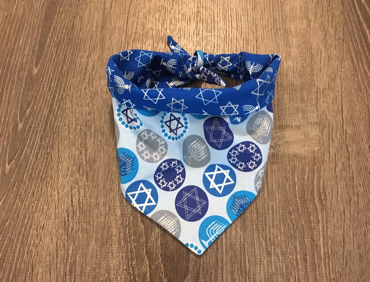 blue and white bandana with stars of david in blue circles, hanukkah gifts