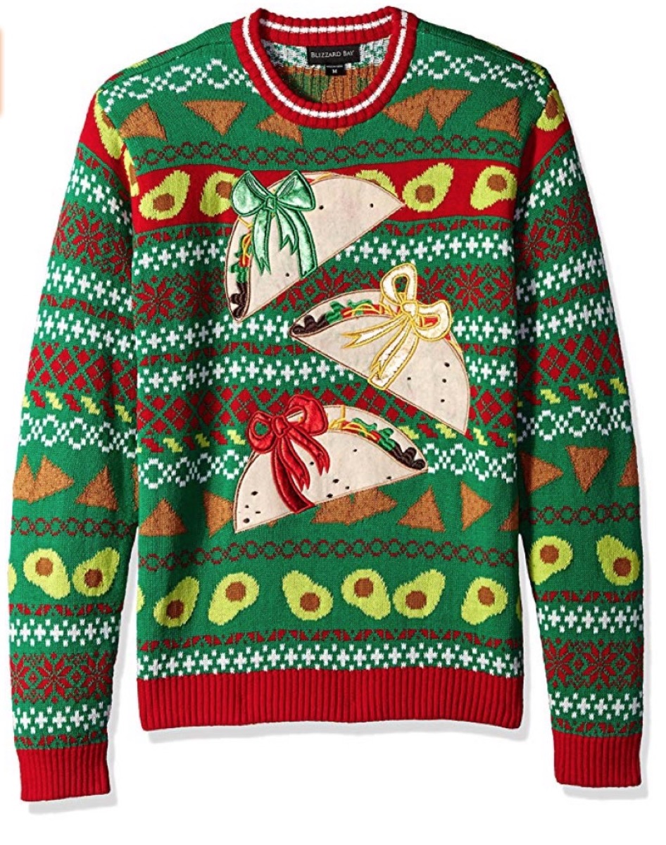 green christmas sweater with three tacos on it