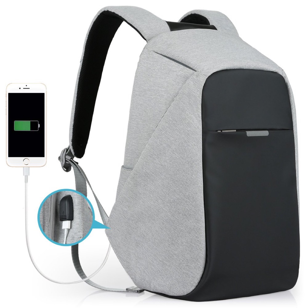 gray and black backpack plugged into iphone