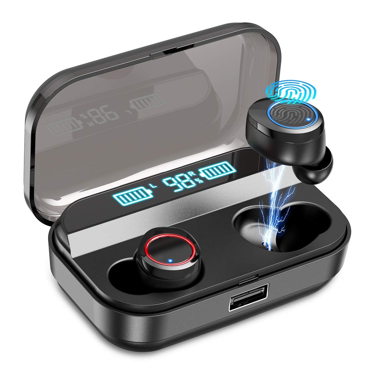 black plastic case with two black wireless earbuds in it