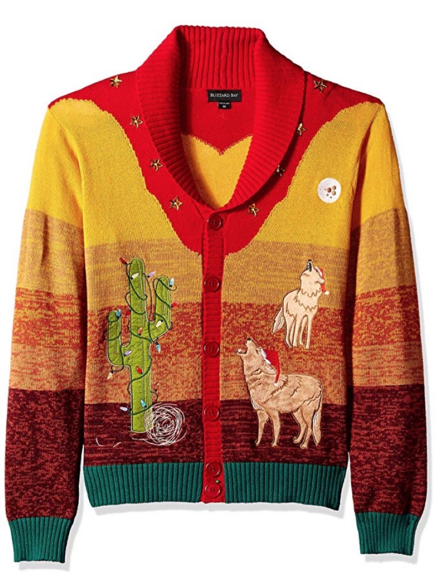 striped sweater with cactus and two howling wolves on it