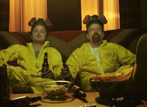 jesse and walt wearing their yellow lab outfits on Breaking Bad