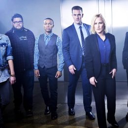 Hayley Kiyoko, Charley Koontz, Shad Moss, James Van Der Beek, Patricia Arquette and Peter MacNicol on the set of the CBS drama CSI: CYBER