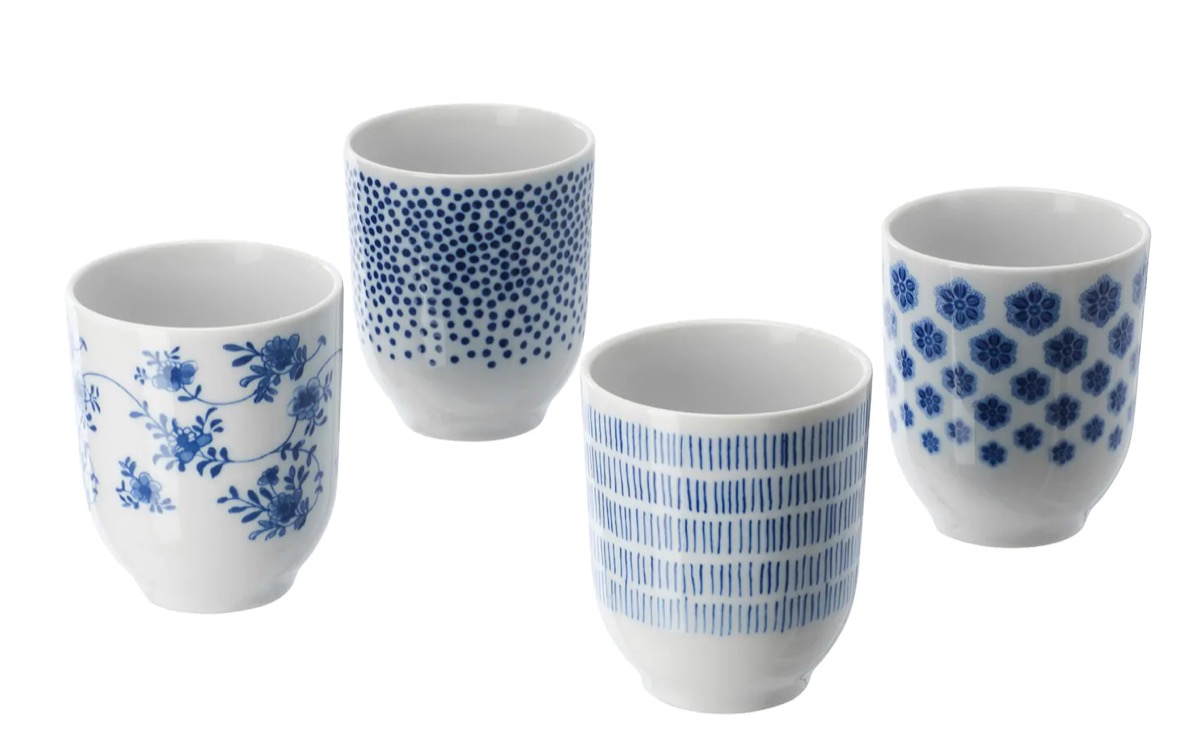 set of blue and white porcelain cups