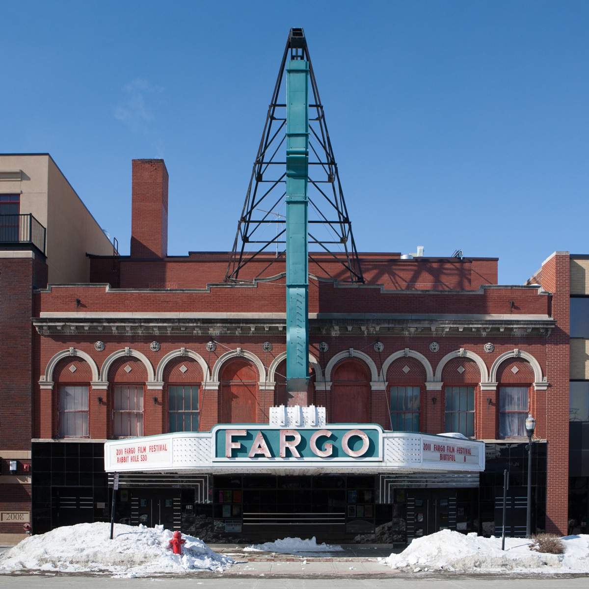 Snow outside the Fargo theatre in North Dakota