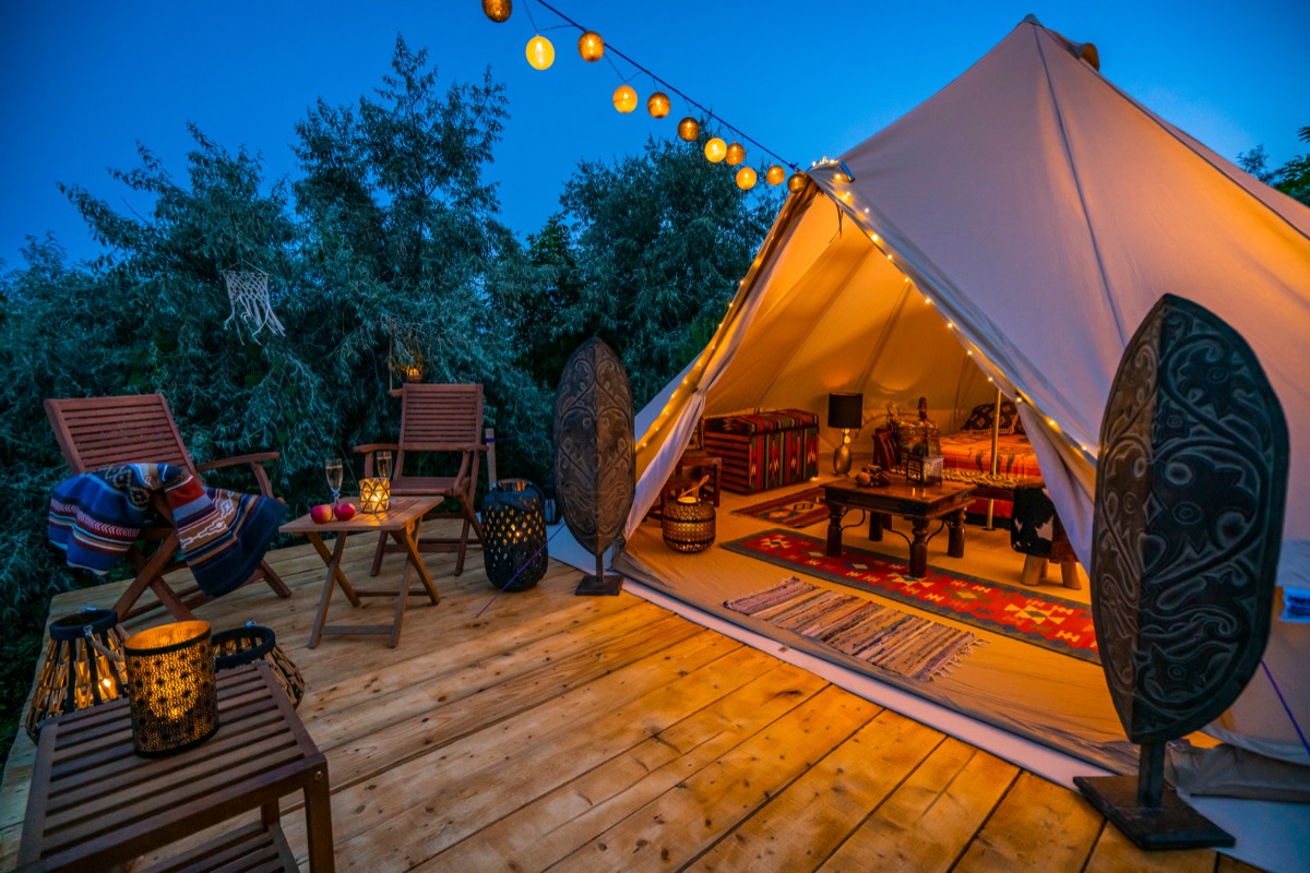 glamping tent outside at night