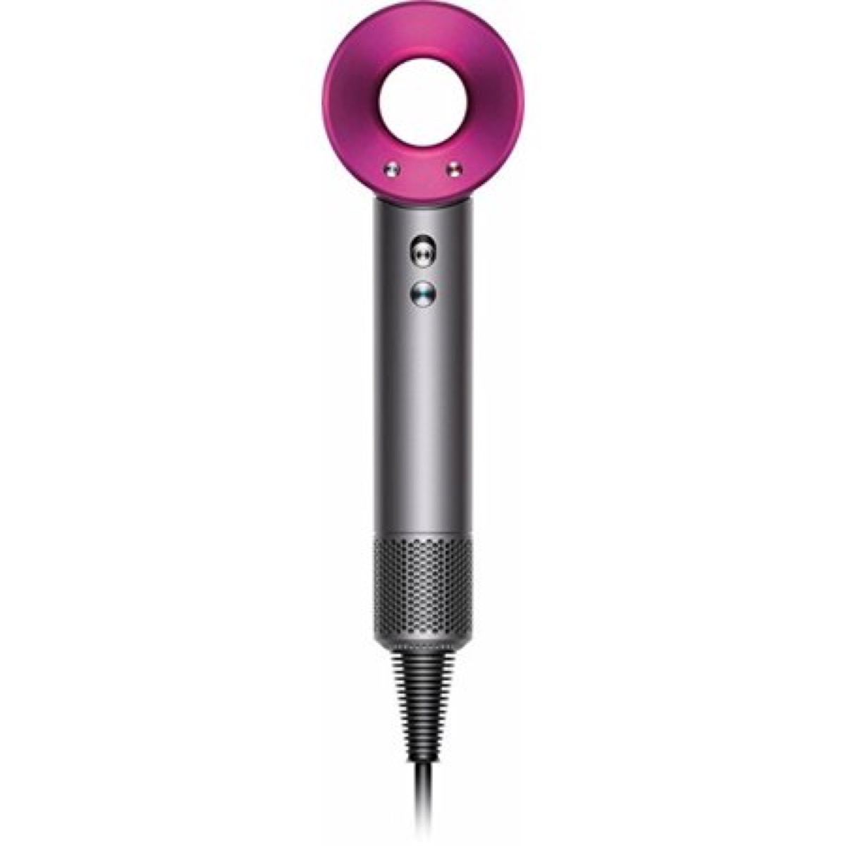 silver dyson hair dryer with pink interior