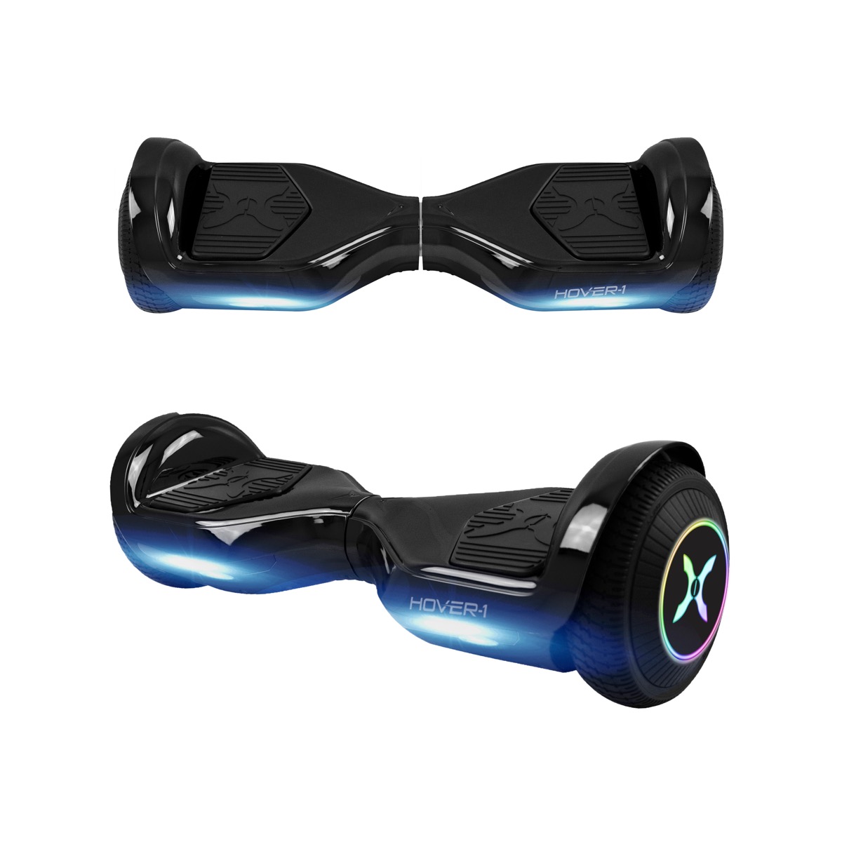 black hoverboard with blue underlighting