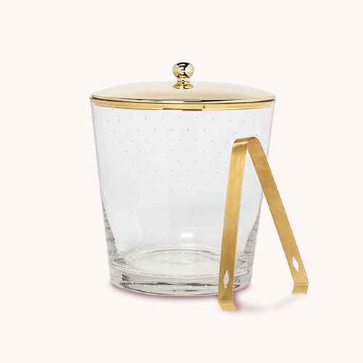 clear ice bucket with gold top and gold tongs