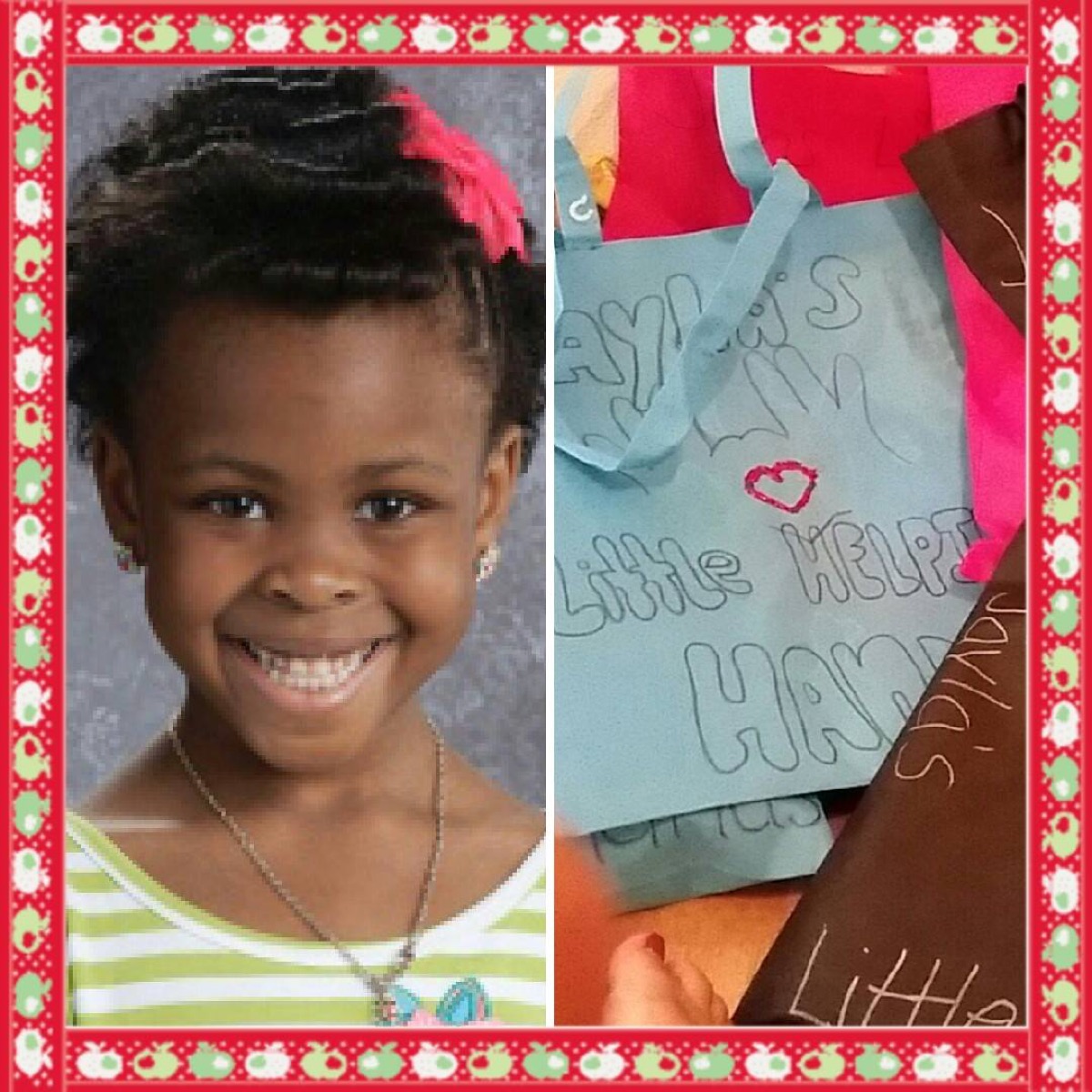photo split of young smiling black girl and tote bag with kids writing on it