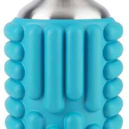 stainless steel water bottle with blue green ridged exterior