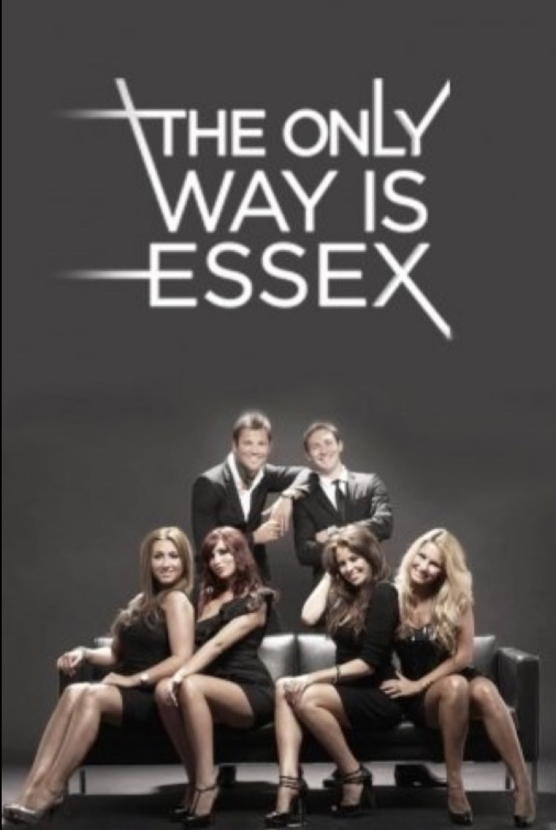 six white 20-somethings sitting on a couch in front of gray background in the only way is essex promo image