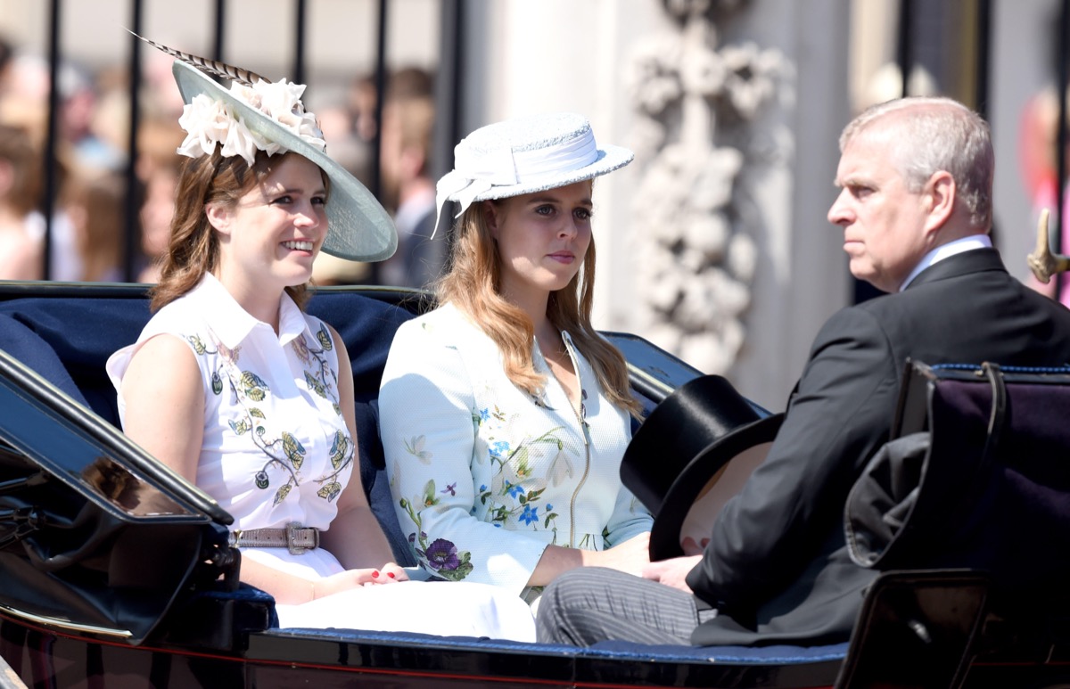 Princess Eugenie, Princess Beatrice and Prince Andrew Duke of York at Trooping the Colour at Buckingham Palace in London.