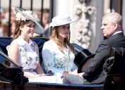 Princess Eugenie, Princess Beatrice and Prince Andrew Duke of York at Trooping the Colour at Buckingham Palace in London.
