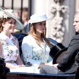 Princess Eugenie, Princess Beatrice and Prince Andrew Duke of York at Trooping the Colour at Buckingham Palace in London.