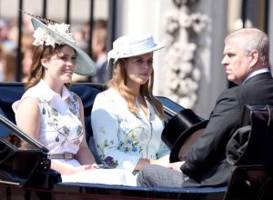 Princess Eugenie, Princess Beatrice and Prince Andrew Duke of York at Trooping the Colour at Buckingham Palace in London.