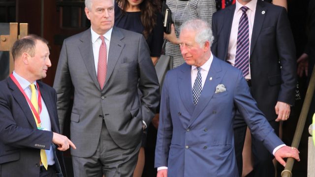 Prince Charles and Prince Andrew seen leaving The Malaria Summit in London