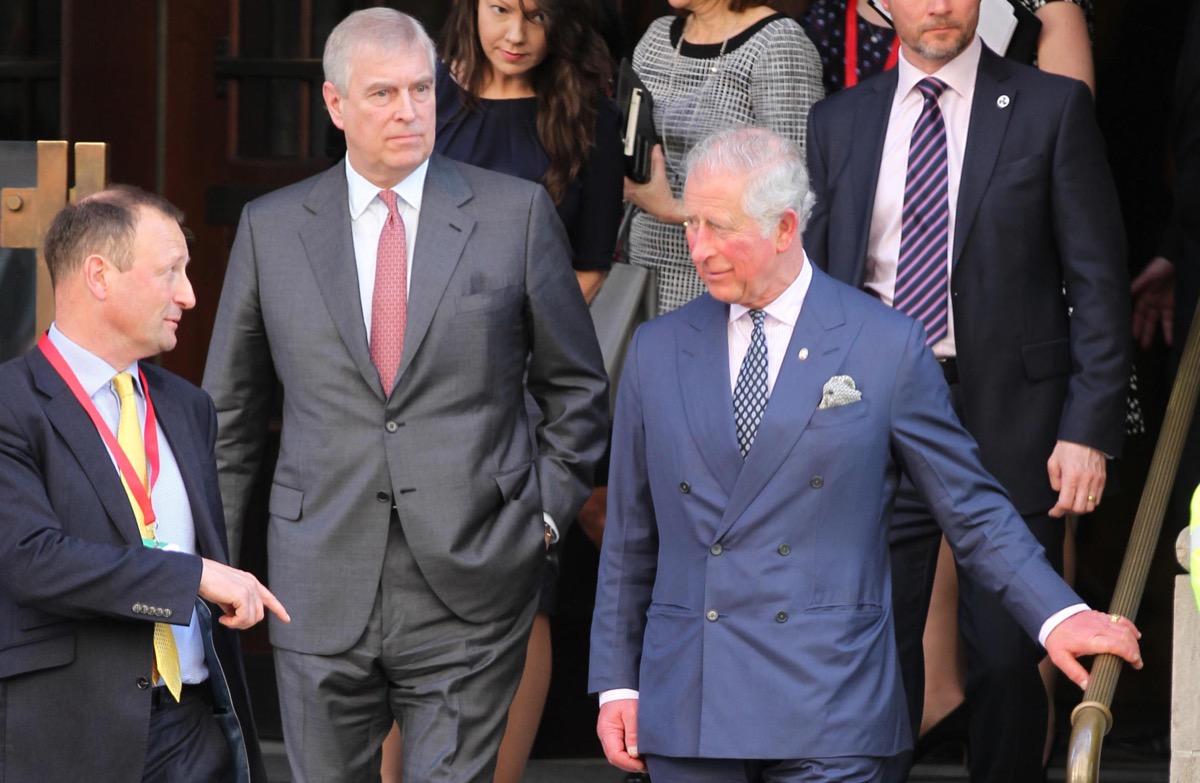 Prince Charles and Prince Andrew seen leaving The Malaria Summit in London