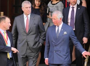 Prince Charles and Prince Andrew seen leaving The Malaria Summit in London