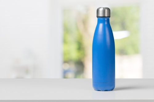 blue water bottle with silver top