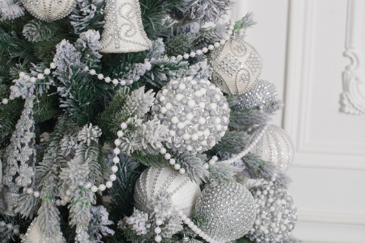 silver and white christmas decorations on tree