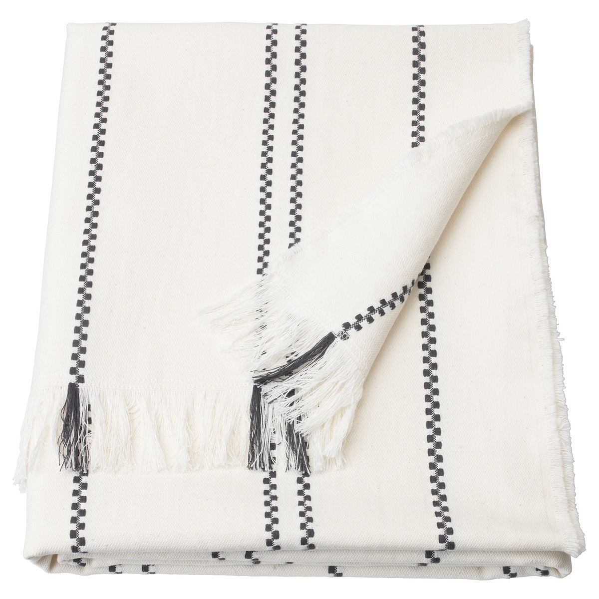 white blanket with black checkered vertical stripes