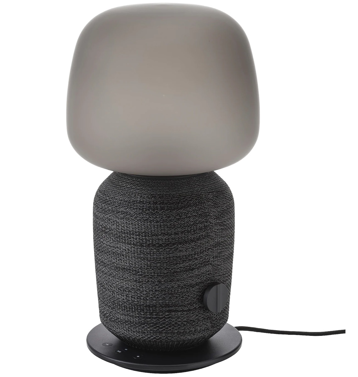 brown lamp with gray speaker base wrapped in woven material