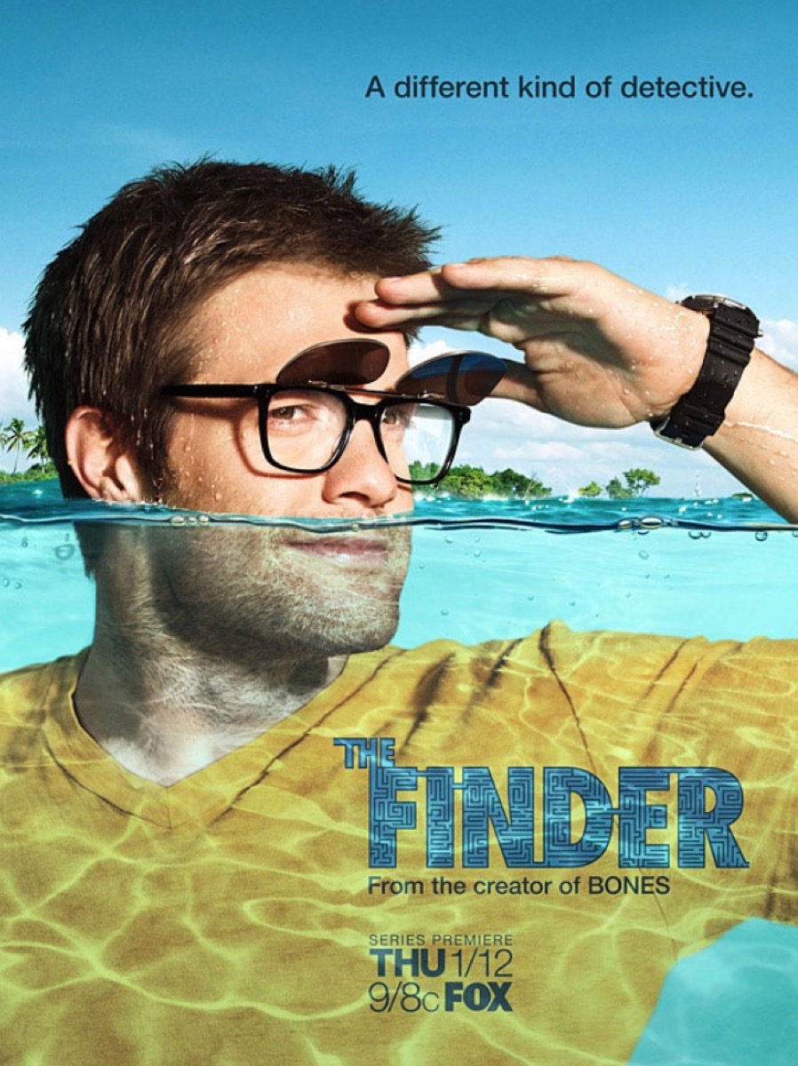 white man in glasses half submerged in water with "the finder" written over it