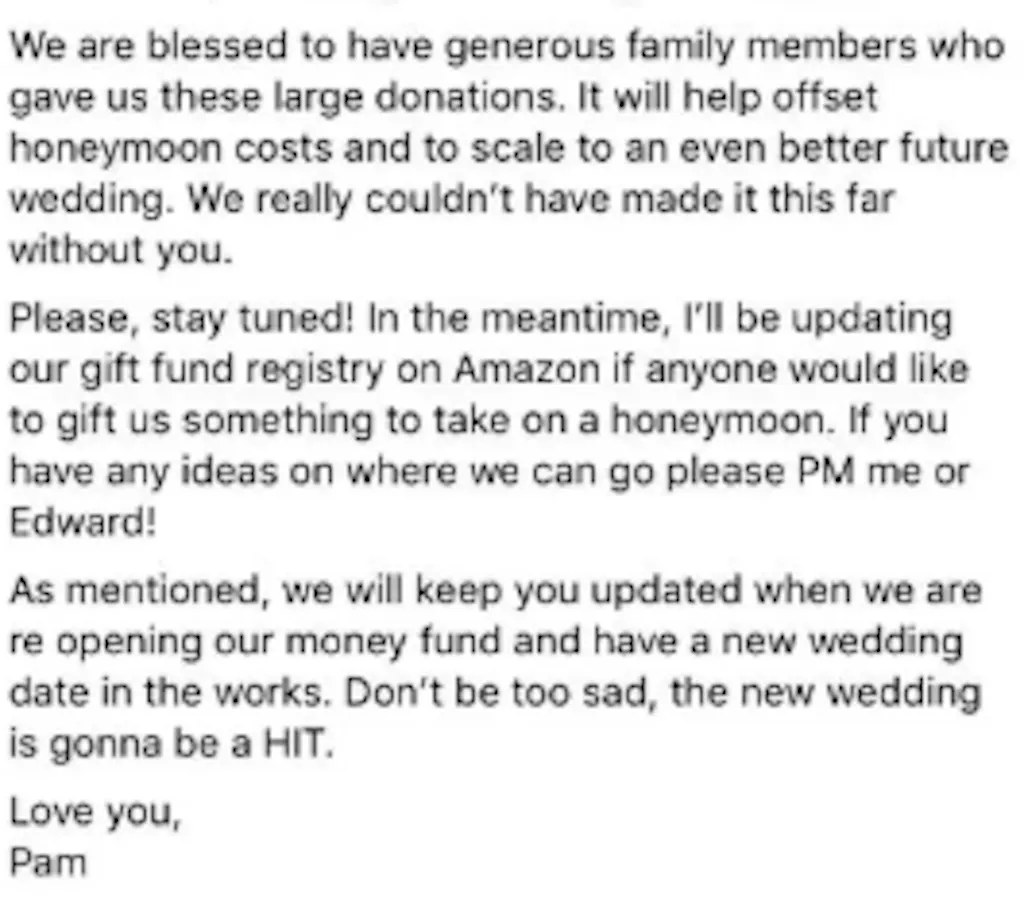 bride keeps donated money from guests after canceling wedding