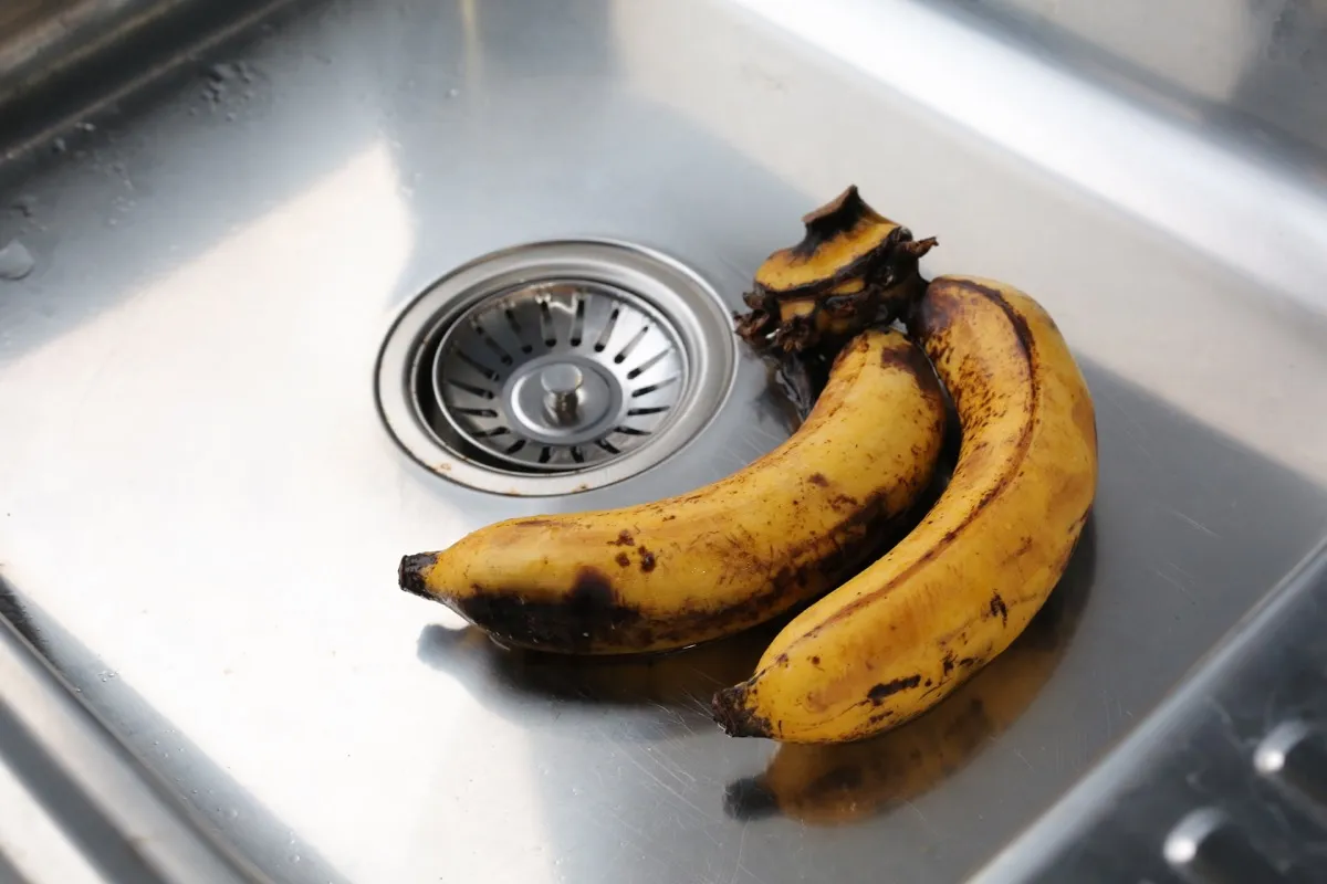 bananas in metal sink