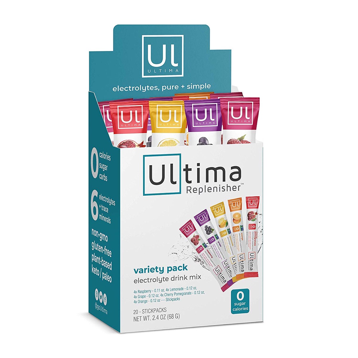ultima electrolyte packets on white background