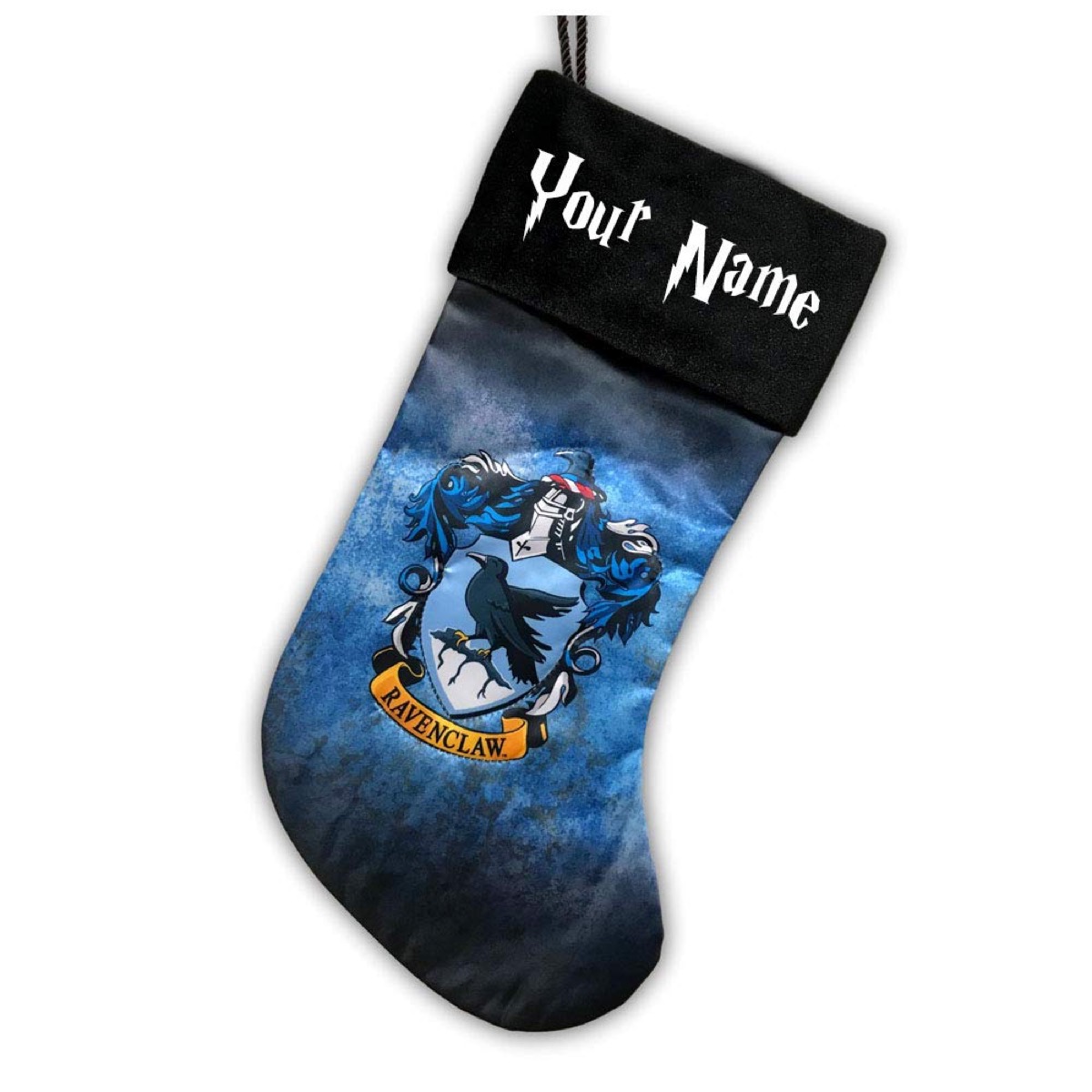 black stocking with harry potter image on it