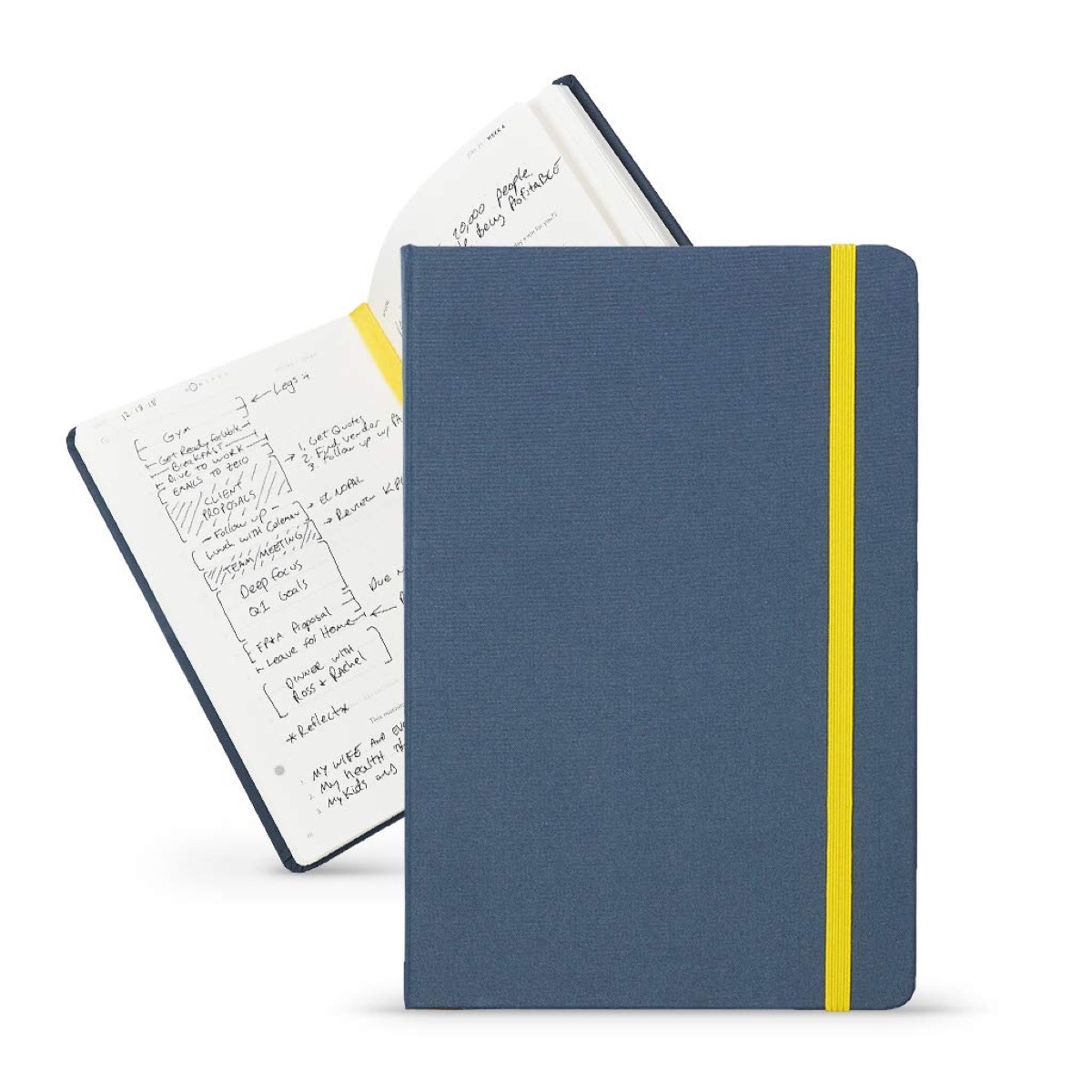 blue journal with yellow ribbon