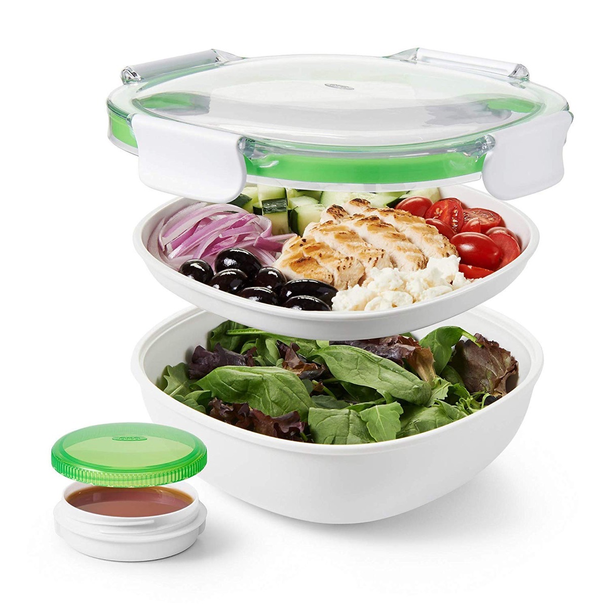 three lunch bowls with green lid