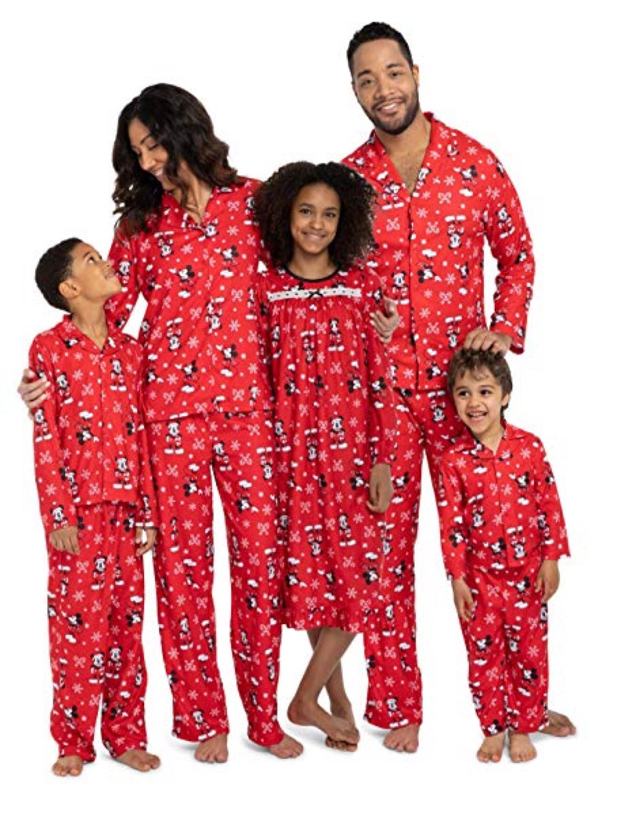 black family in red mickey mouse pajamas