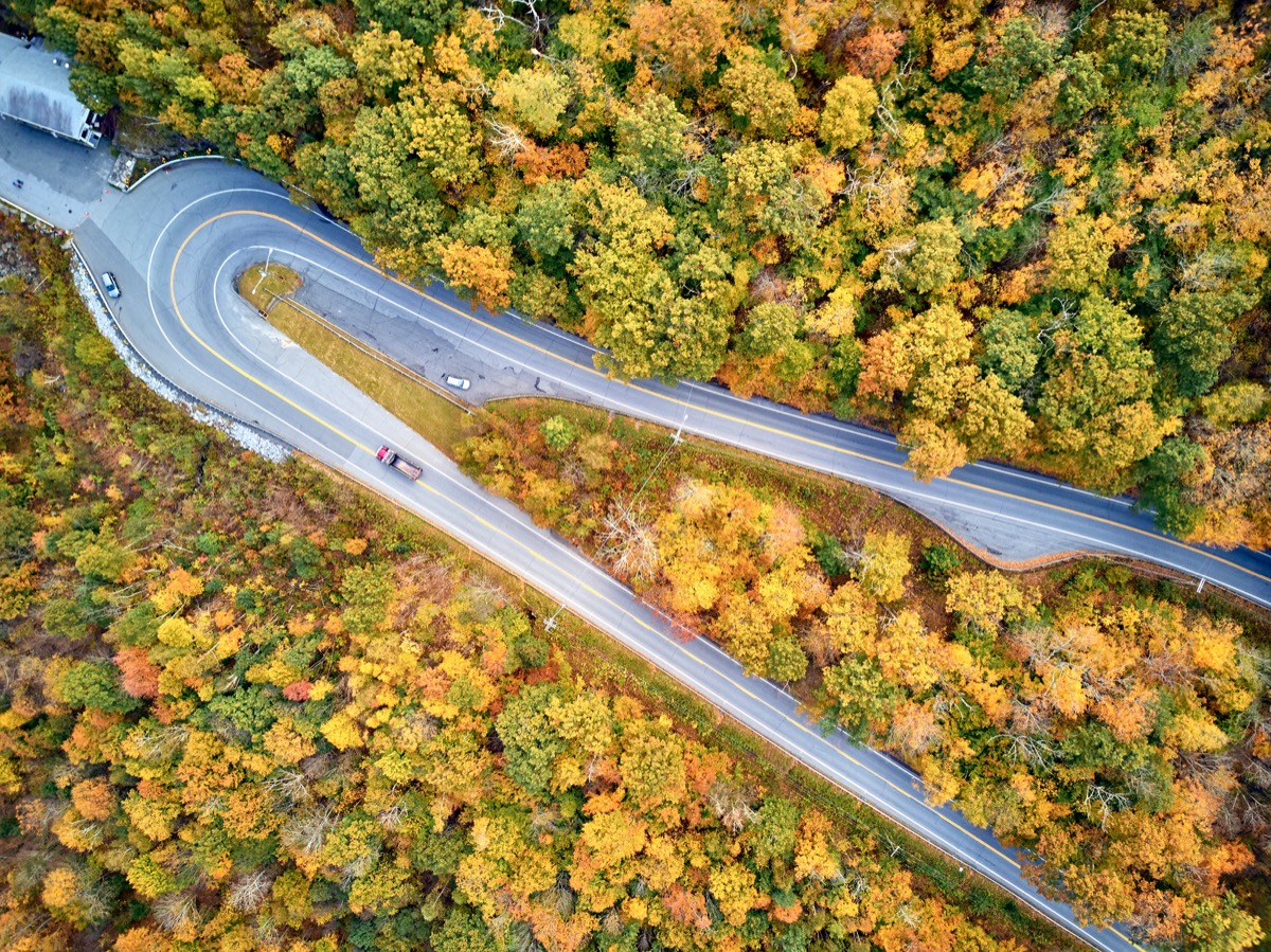 aerial view of a road with a hairpin turn in a forest of fall foliage