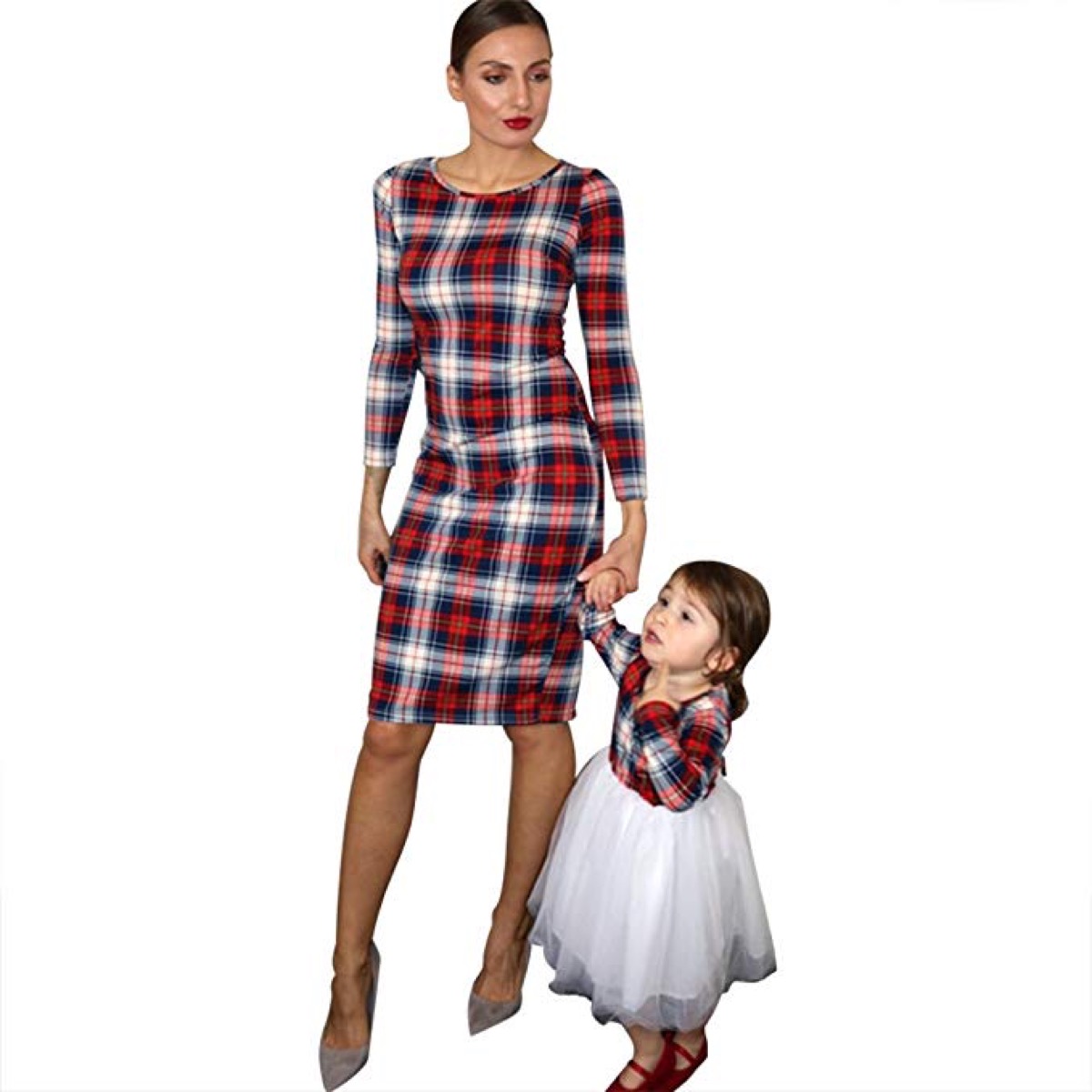 young white mother and little girl in red plaid christmas dresses