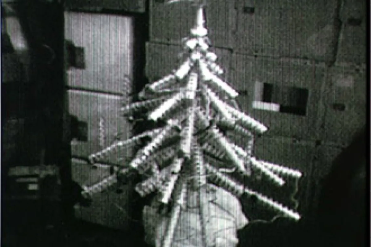 black and white photo of tin can christmas tree
